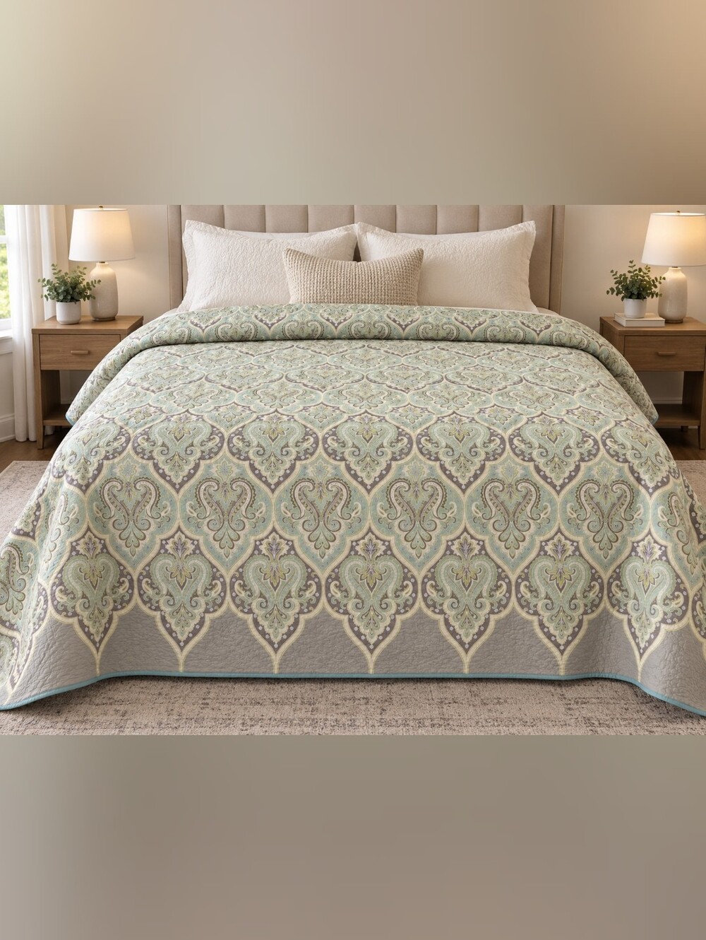 Decorative Sage and Gray Reversible Comforter Set - Classic Damask